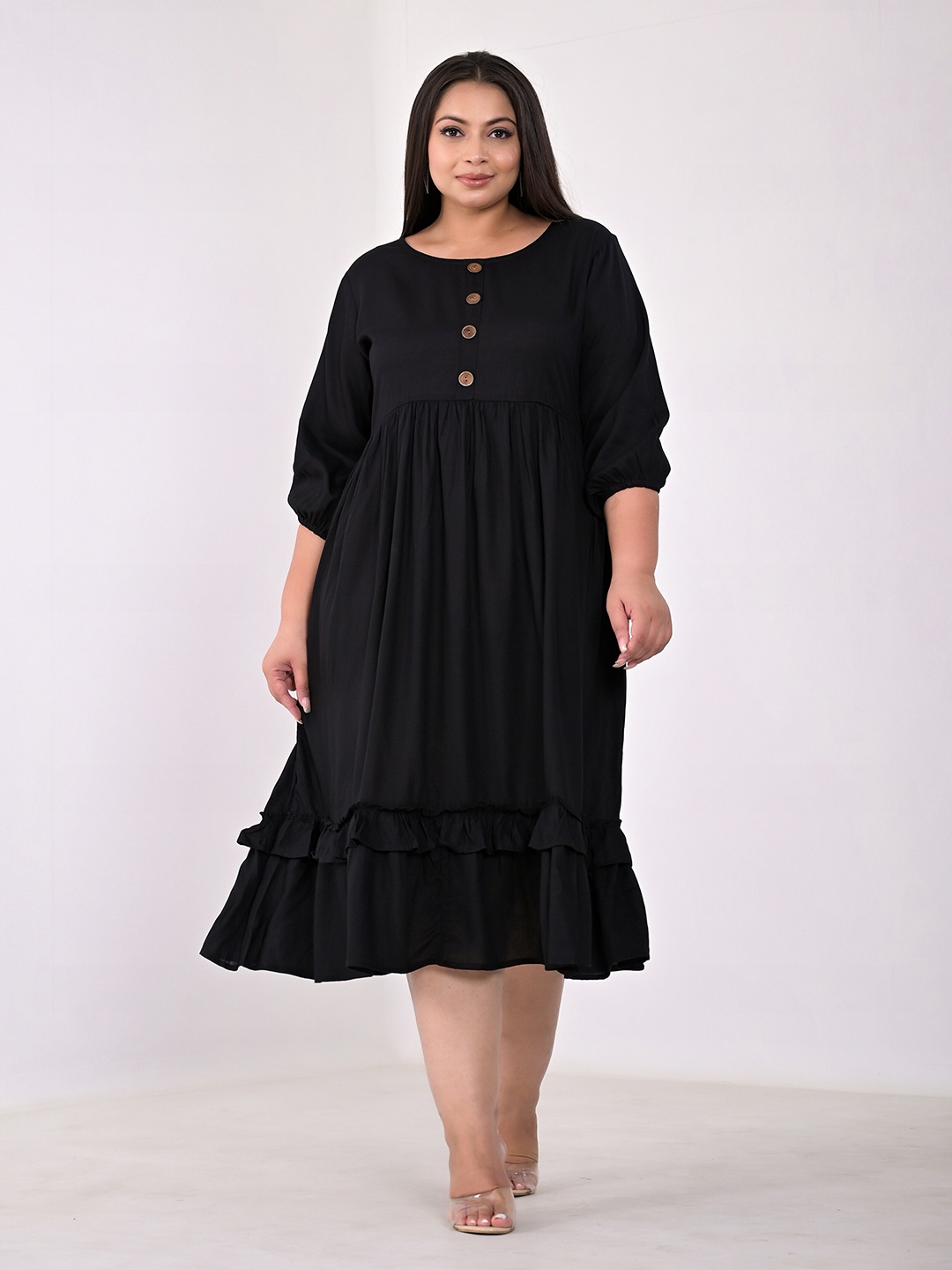

KALINI Plus Size Puff Sleeves Empire Midi Dress, Black