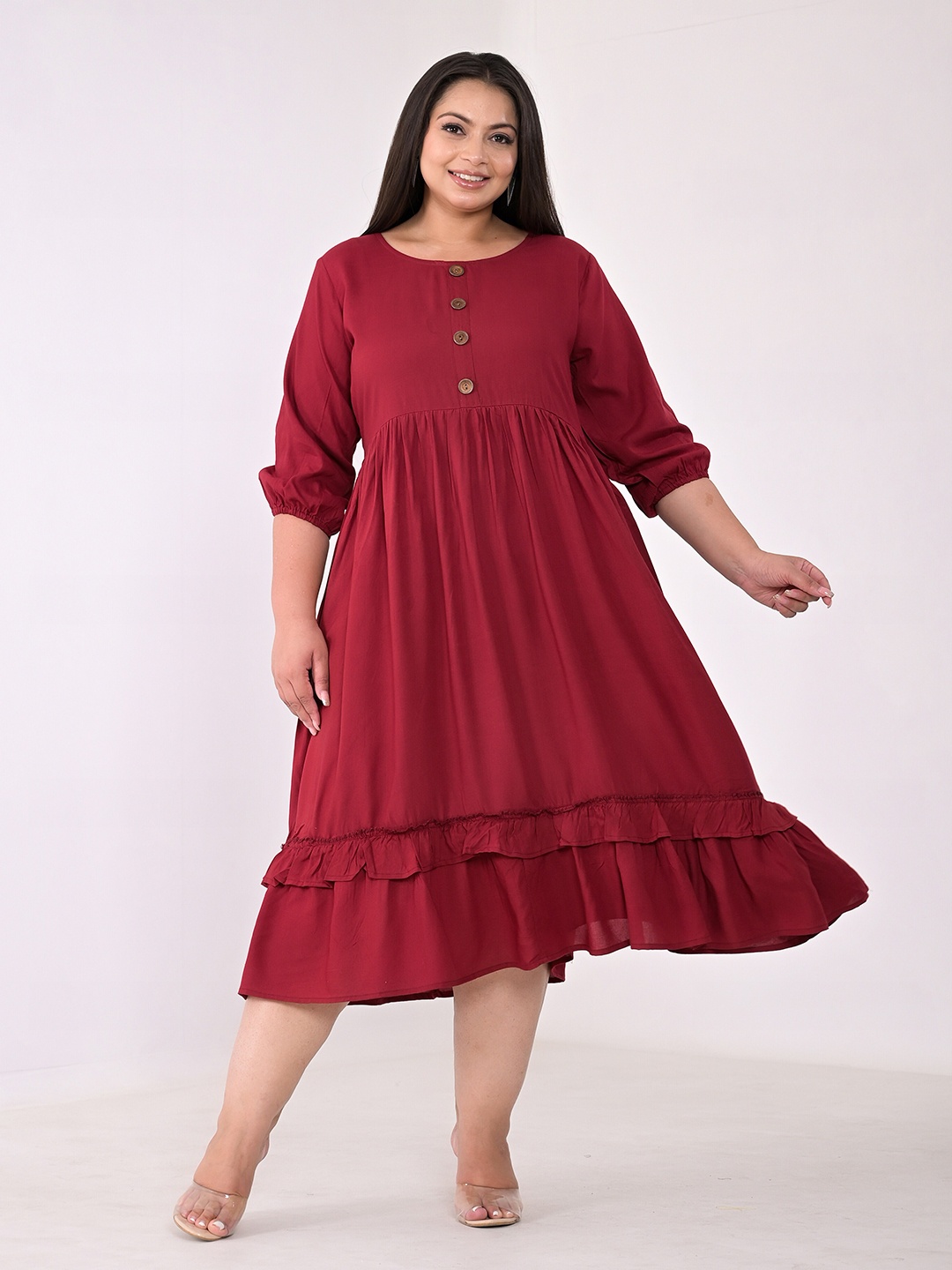 

KALINI Plus Size Puff Sleeves Empire Midi Dress, Maroon