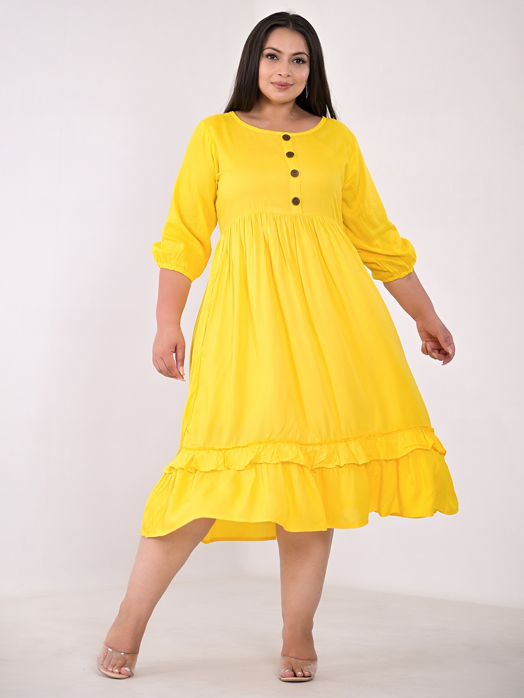 KALINI Plus Size Puff Sleeve A-Line Midi Dress, Yellow