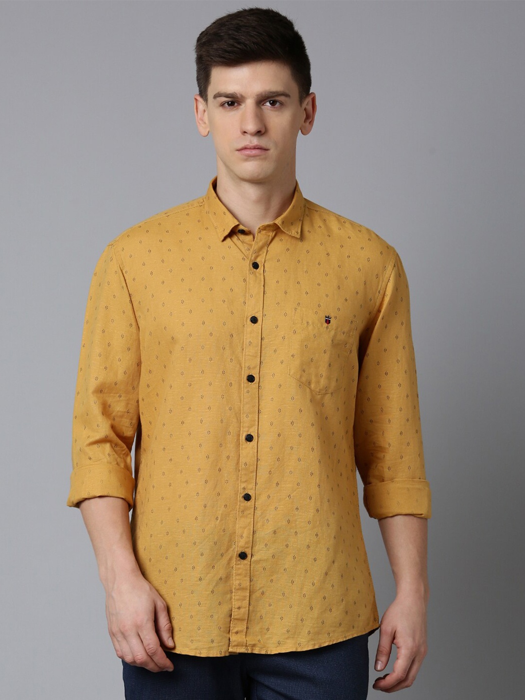 

Louis Philippe Jeans Slim Fit Geometric Opaque Printed Cotton Linen Casual Shirt, Yellow
