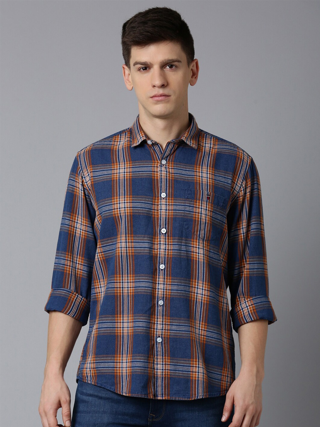 

Louis Philippe Jeans Slim Fit Tartan Checked Pure Cotton Casual Shirt, Blue
