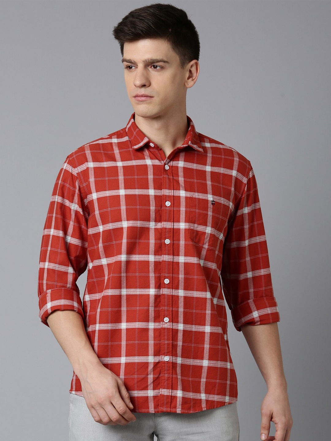 

Louis Philippe Jeans Slim Fit Tartan Checked Pure Cotton Casual Shirt, Red