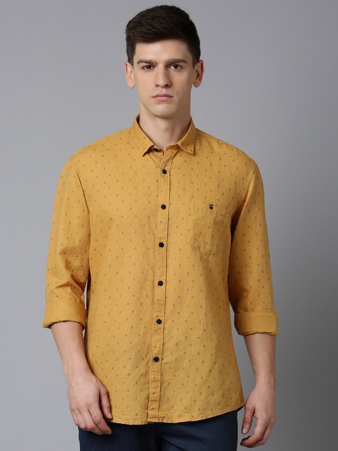 

Louis Philippe Jeans Slim Fit Opaque Printed Linen Cotton Casual Shirt, Yellow