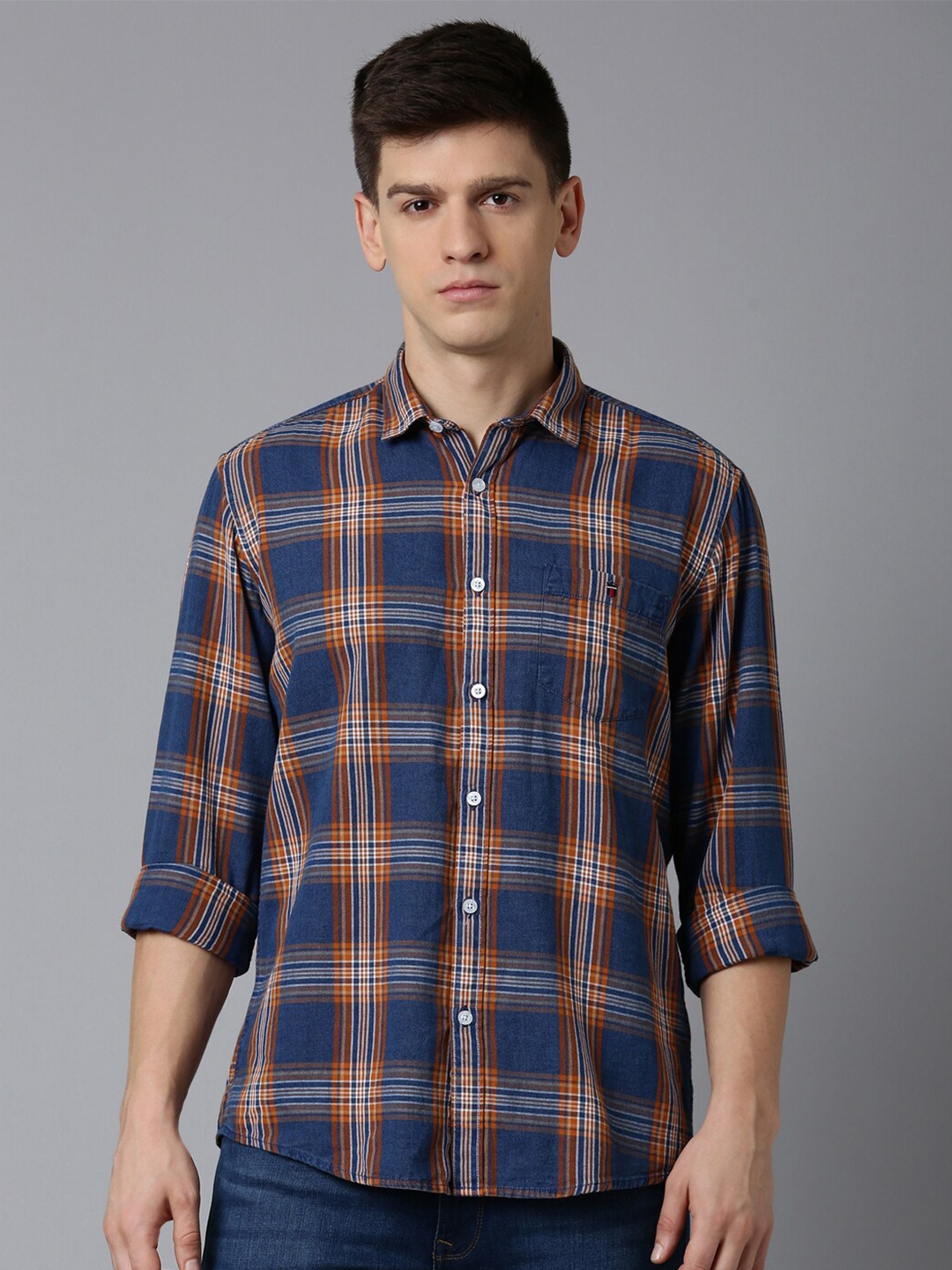 

Louis Philippe Jeans Slim Fit Tartan Checked Pure Cotton Casual Shirt, Blue