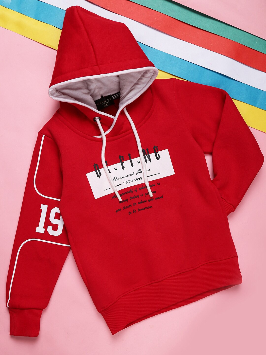 

V-Mart Boys Typography Printed Hooded Cotton Fleece Pullover, Red