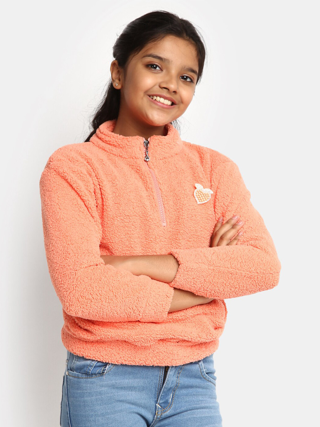 

V-Mart Girls Self Designed Mock Collar Acrylic Sweatshirt, Coral