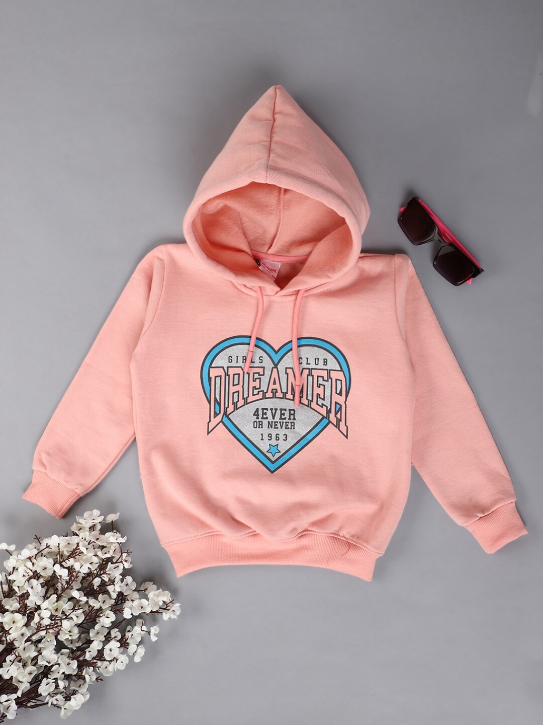 

V-Mart Girls Typography Printed Hooded Fleece Sweatshirt, Peach