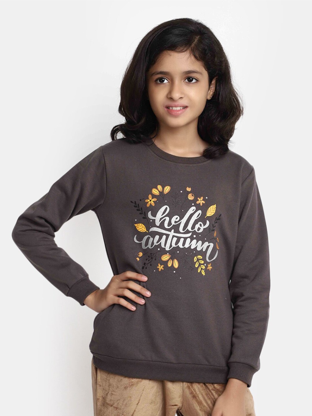 

V-Mart Girls Typography Printed Round Neck Sweatshirt, Brown