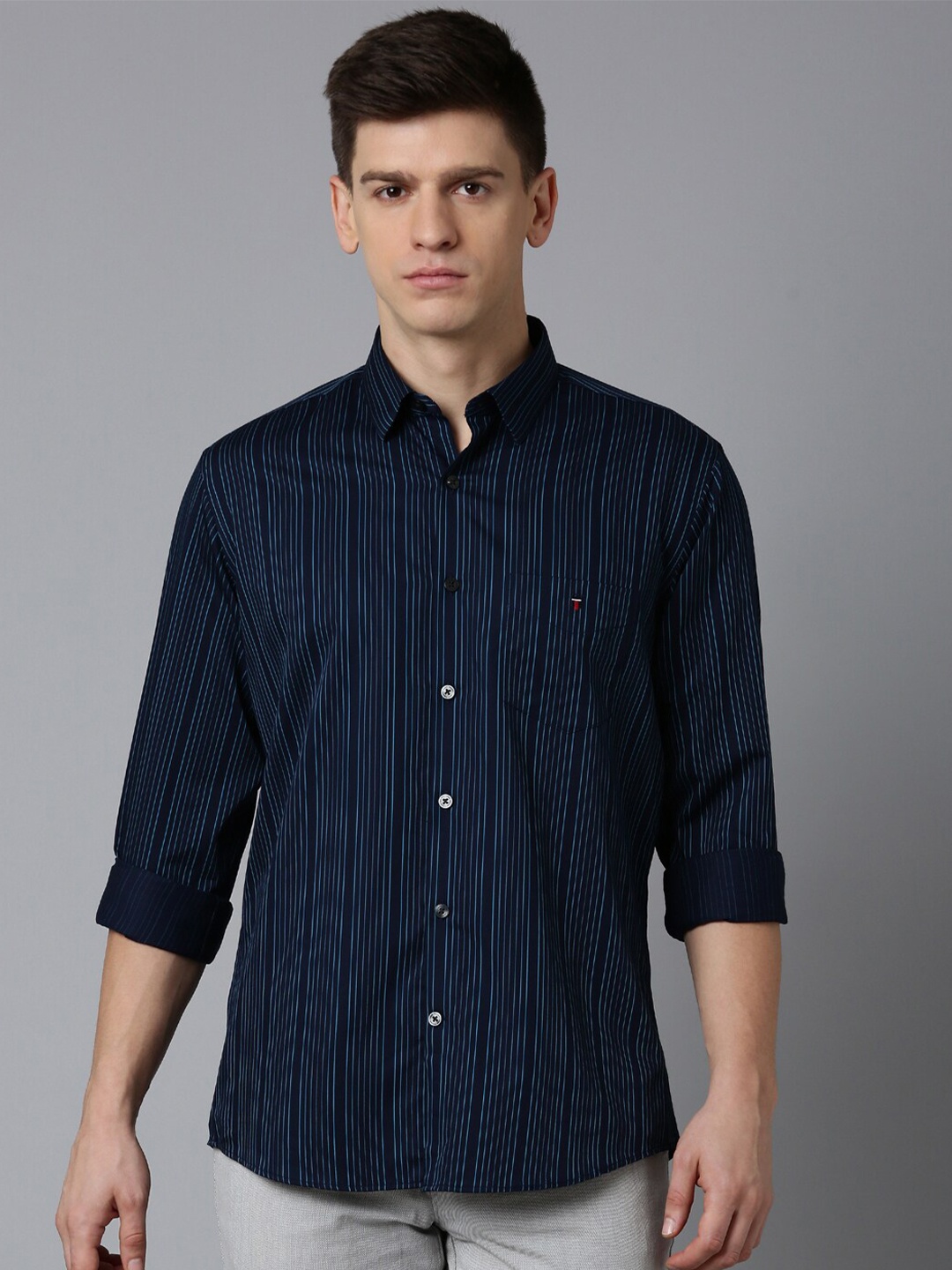 

Louis Philippe Sport Slim Fit Striped Pure Cotton Casual Shirt, Navy blue