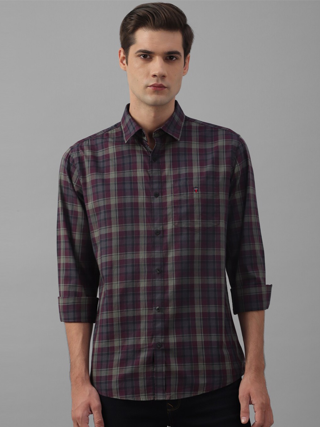 

Louis Philippe Sport Slim Fit Tartan Checked Spread Collar Pure Cotton Casual Shirt, Purple