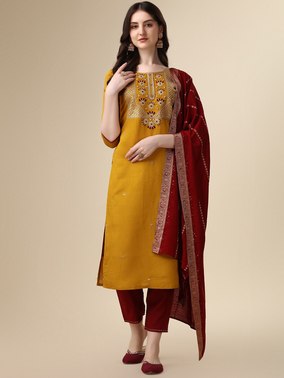 

KALINI Ethnic Motifs Embroidered Regular Thread Work Kurta & Trousers With Dupatta, Mustard