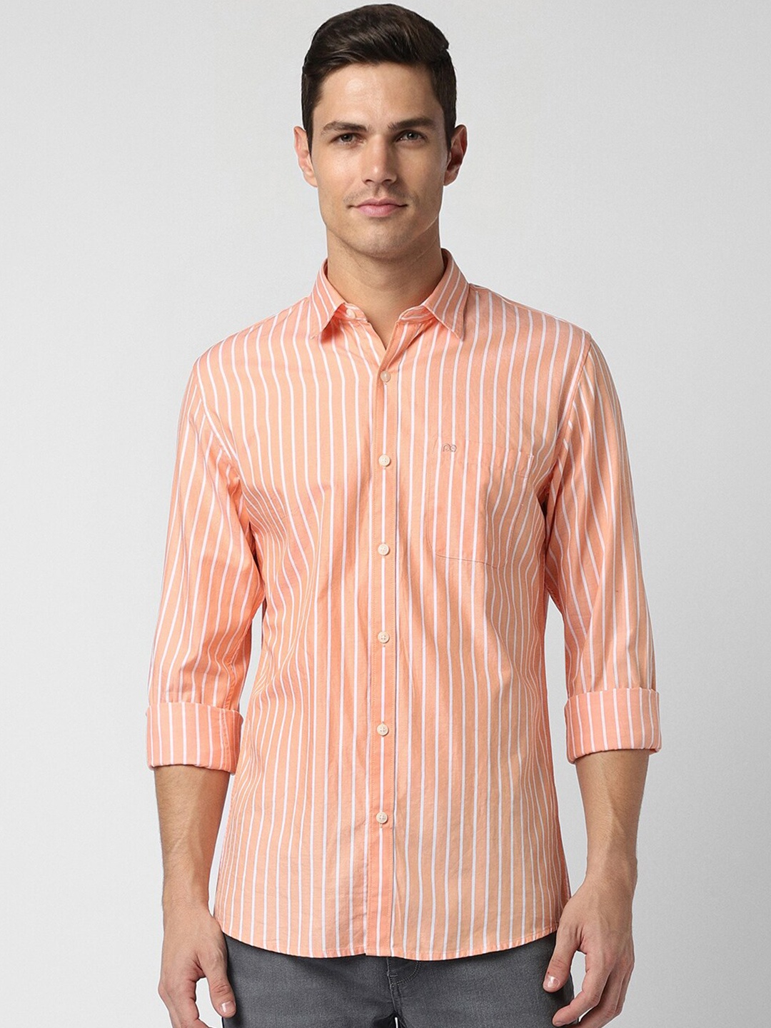 

Peter England Casuals Slim Fit Striped Pure Cotton Casual Shirt, Peach