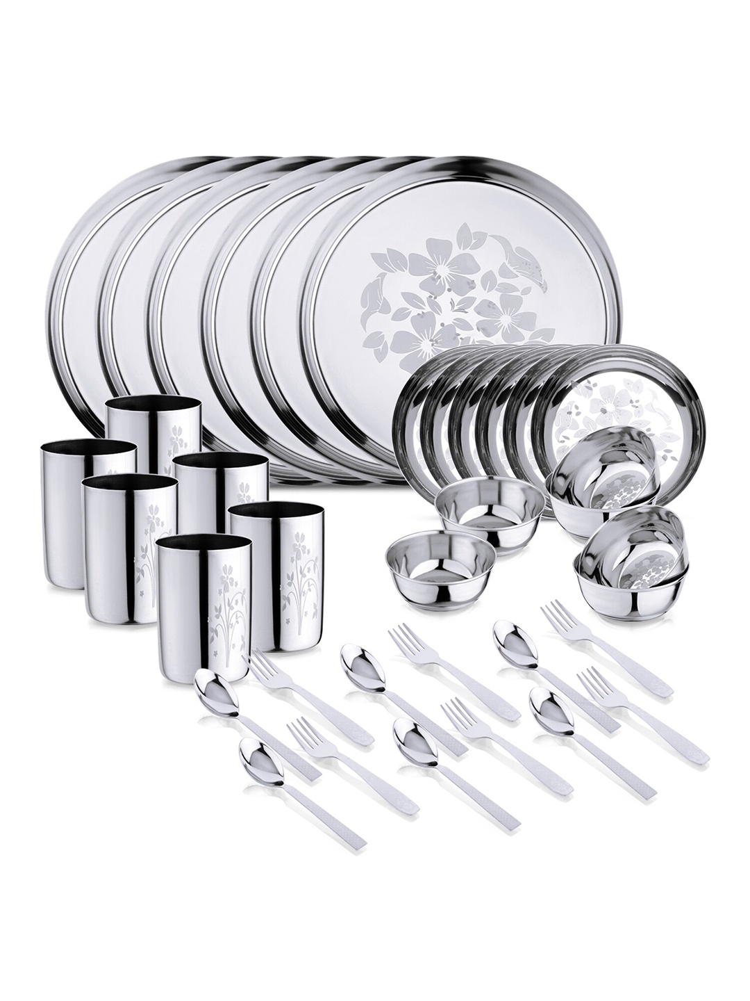 

LIMETRO STEEL Silver-Toned 36 Pieces Printed Stainless Steel Matte Dinner Set