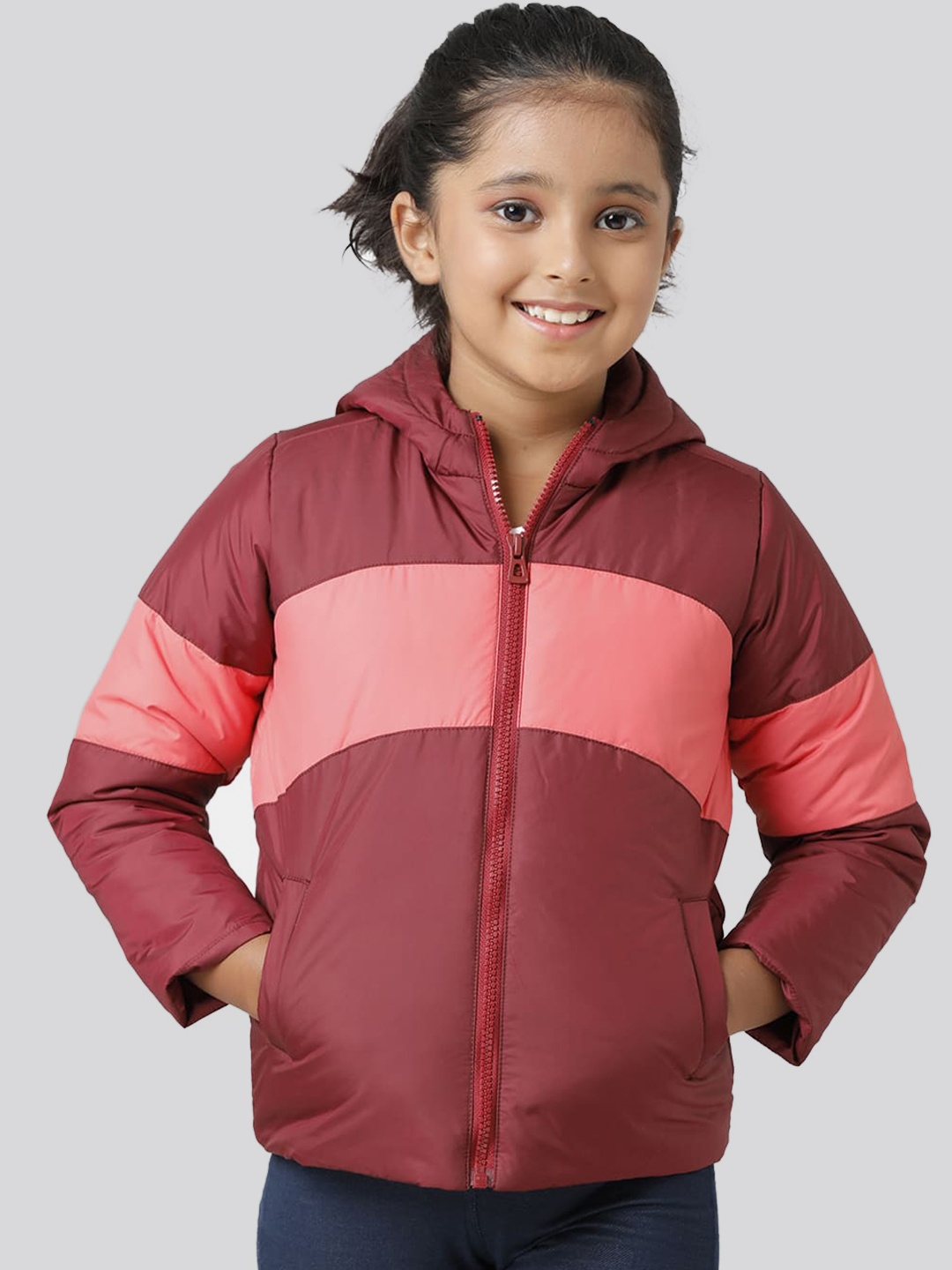 

UNDER FOURTEEN ONLY Girls Colourblocked Hooded Bomber Jacket, Maroon