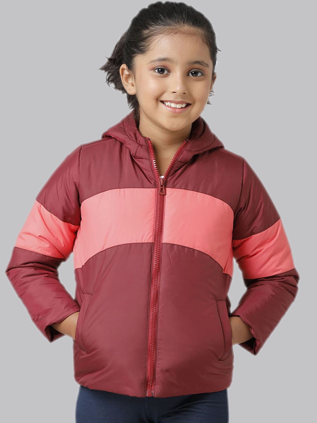 

UNDER FOURTEEN ONLY Girls Colourblocked Hooded Puffer Jacket, Maroon