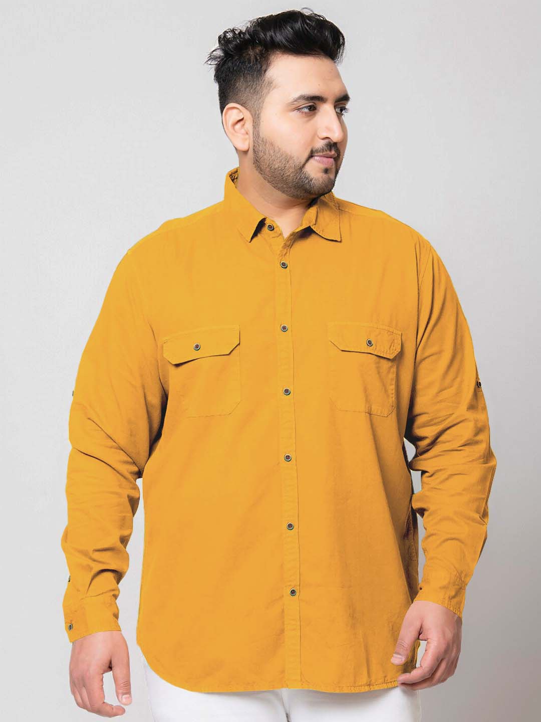

IVOC Plus Plus Size Spread Collar Long Sleeve Pocket Cotton Casual Shirt, Mustard