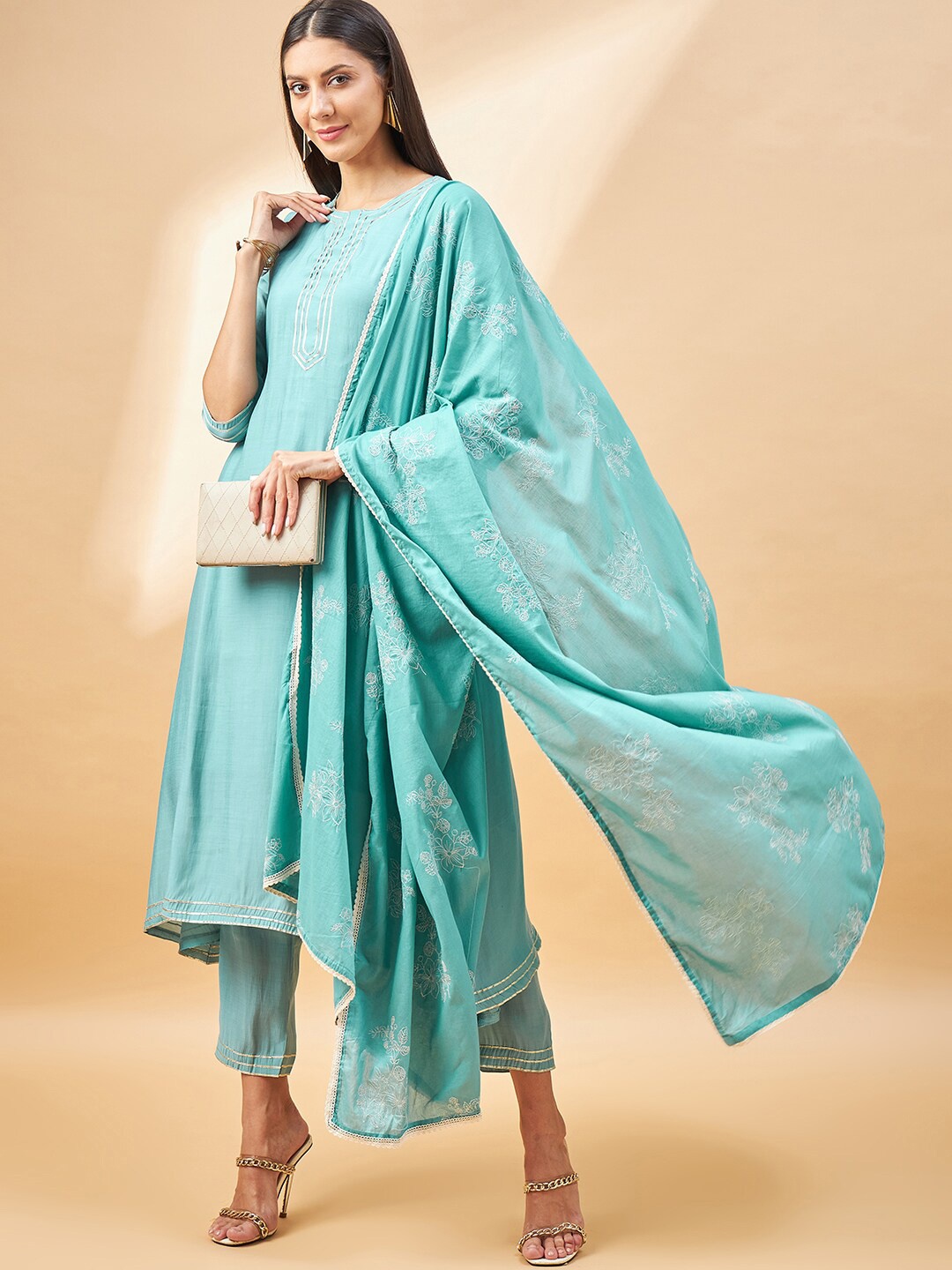 

all about you Regular Gotta Patti Pure Cotton Kurta With Trousers & Dupatta, Turquoise blue