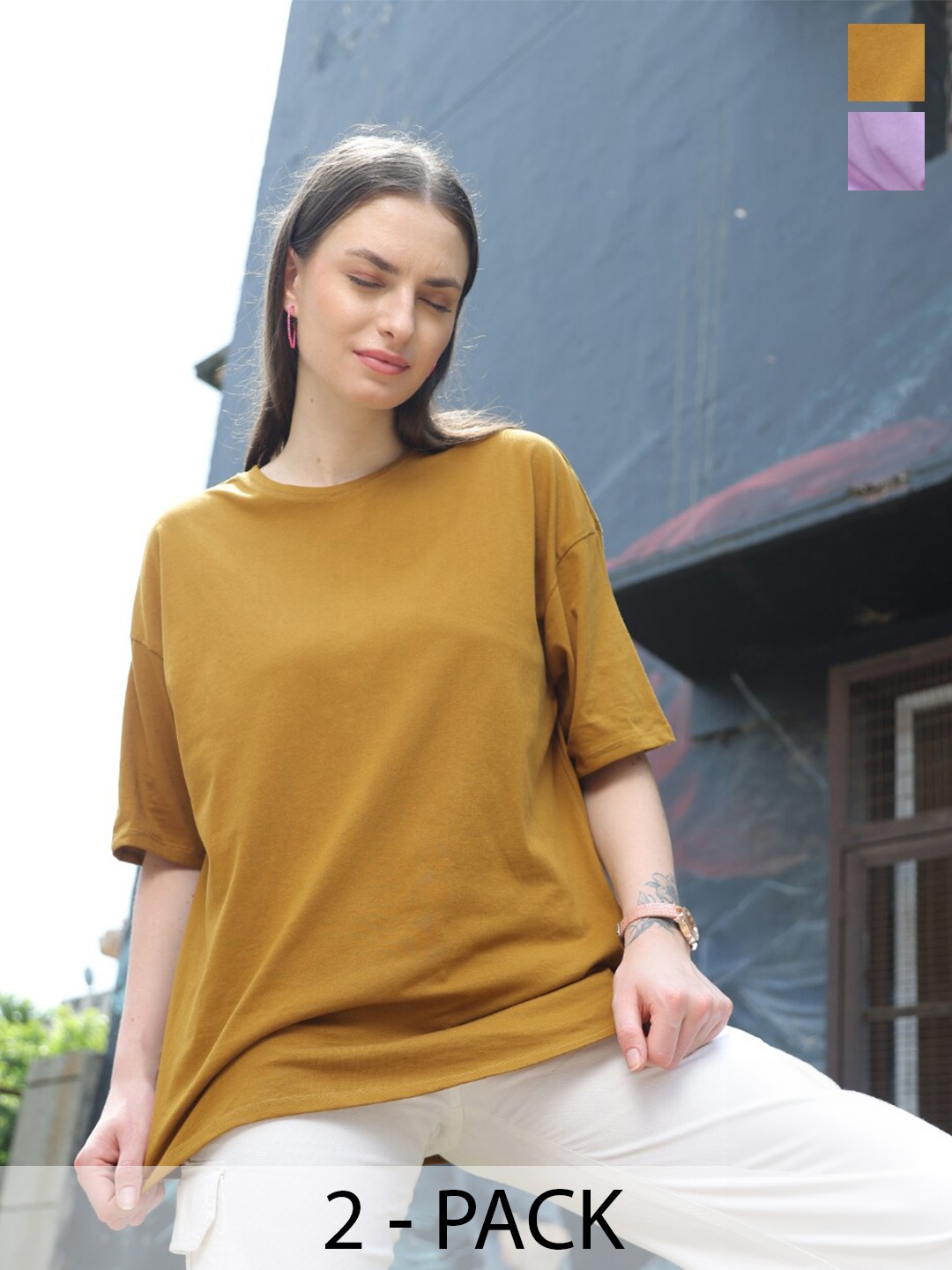 

TITTLI Pack Of 2 Drop Shoulder Sleeves Pure Cotton Oversized T-shirt, Copper