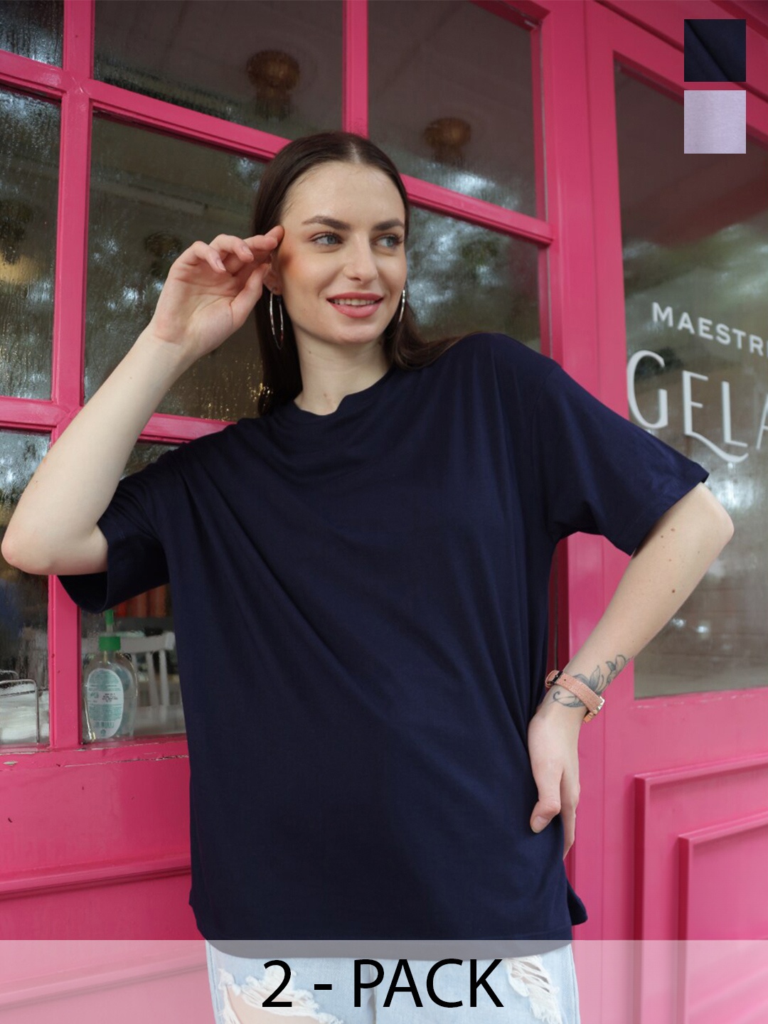 

TITTLI Pack Of 2 Drop Shoulder Sleeves Pure Cotton Oversized T-shirt, Navy blue