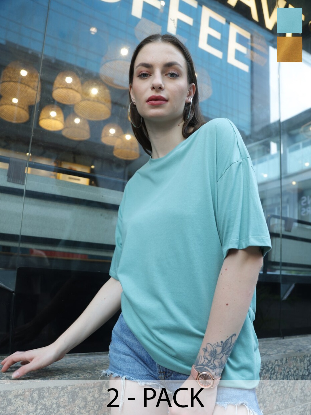 

TITTLI Pack Of 2 Drop Shoulder Sleeves Pure Cotton Oversized T-shirt, Mustard