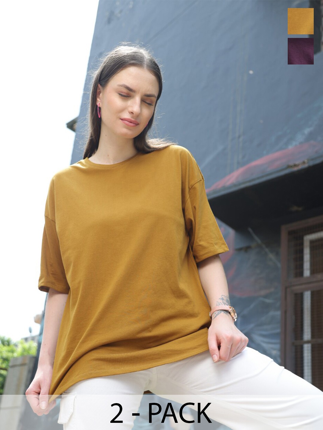 

TITTLI Pack Of 2 Drop Shoulder Sleeves Pure Cotton Oversized T-shirt, Mustard