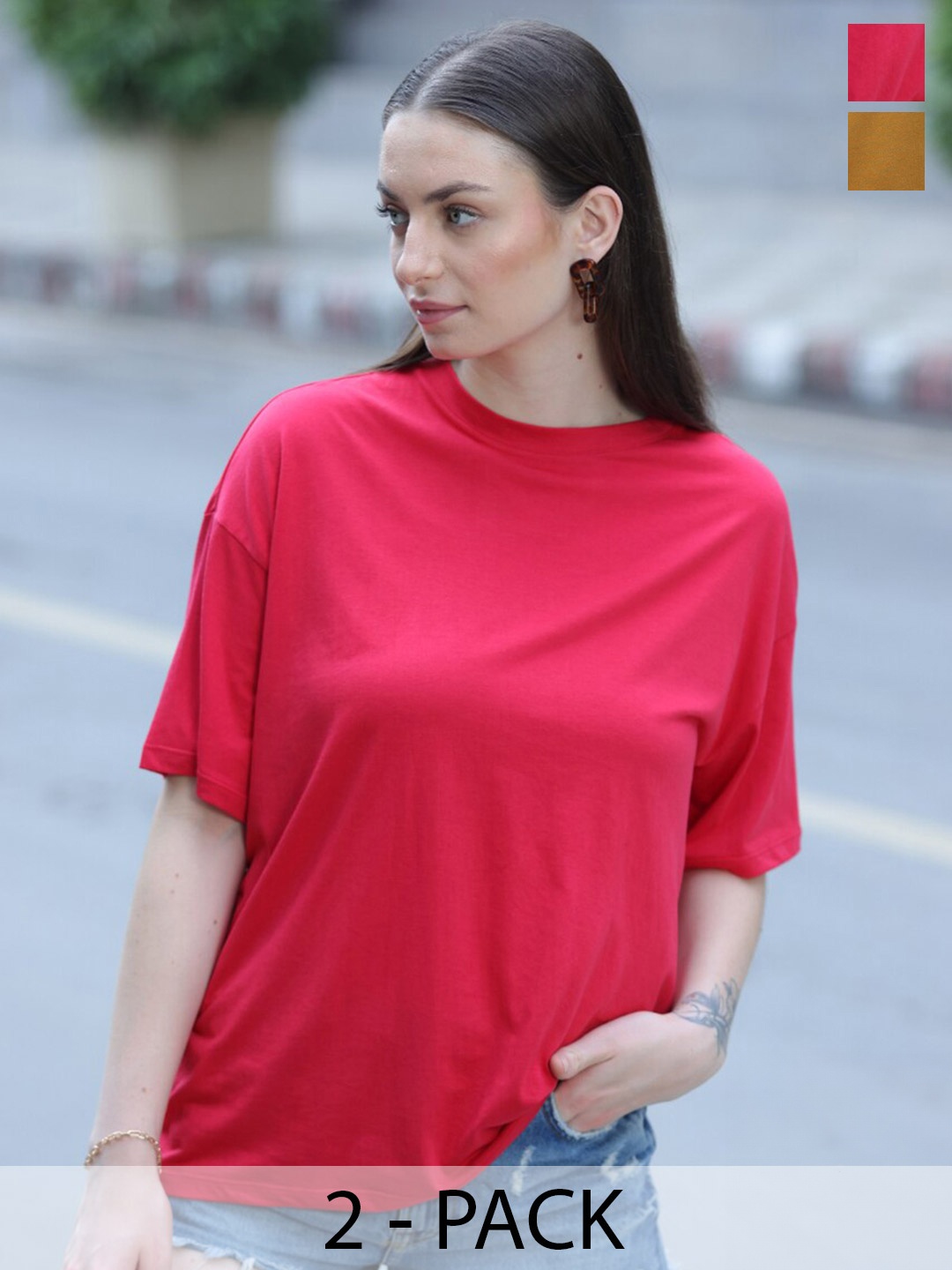

TITTLI Pack of 2 Round Neck Pure Cotton Boxy T-shirt, Copper