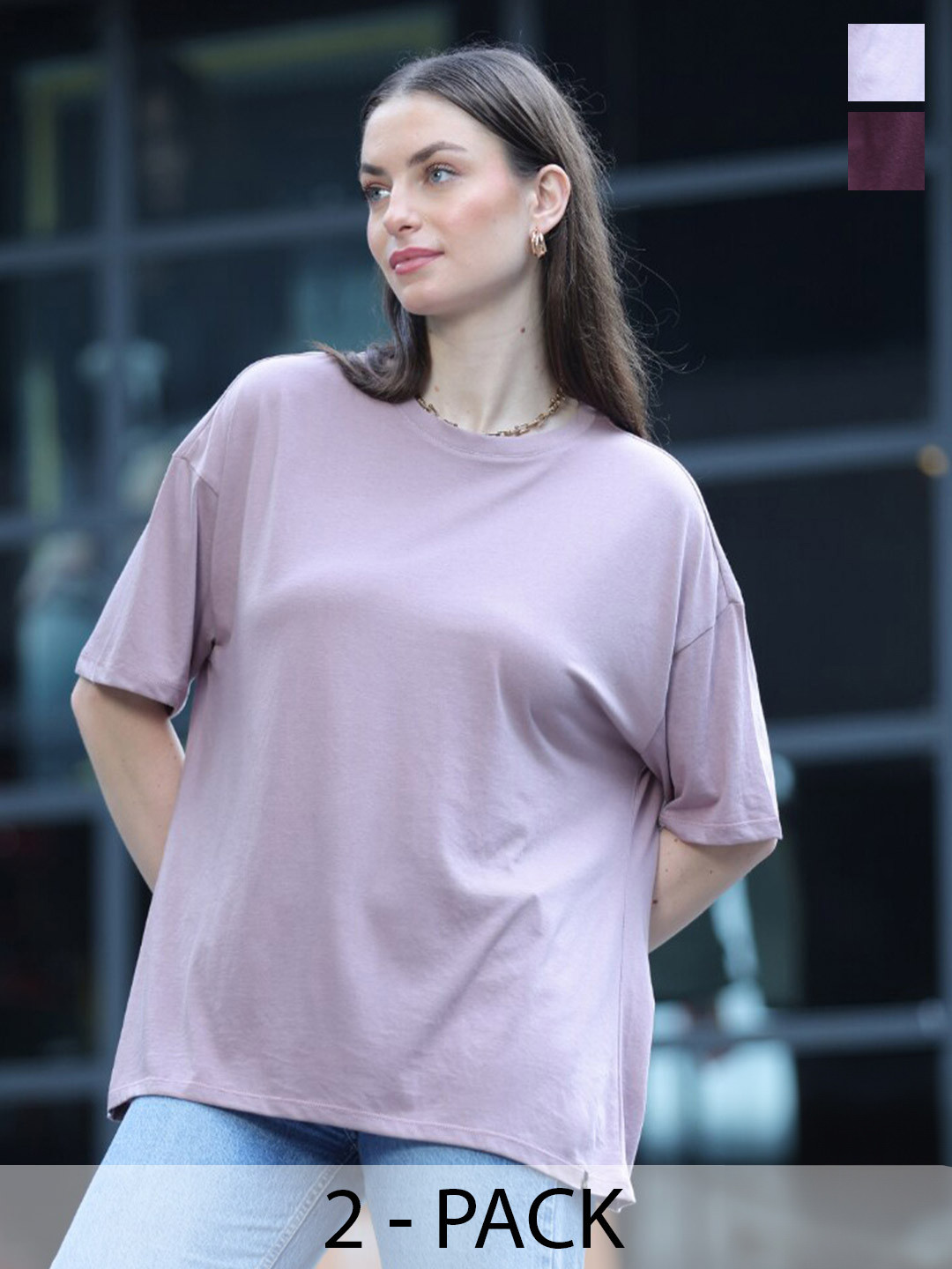 

TITTLI Pack Of 2 Round Neck Pure Cotton Boxy T-shirt, Bronze