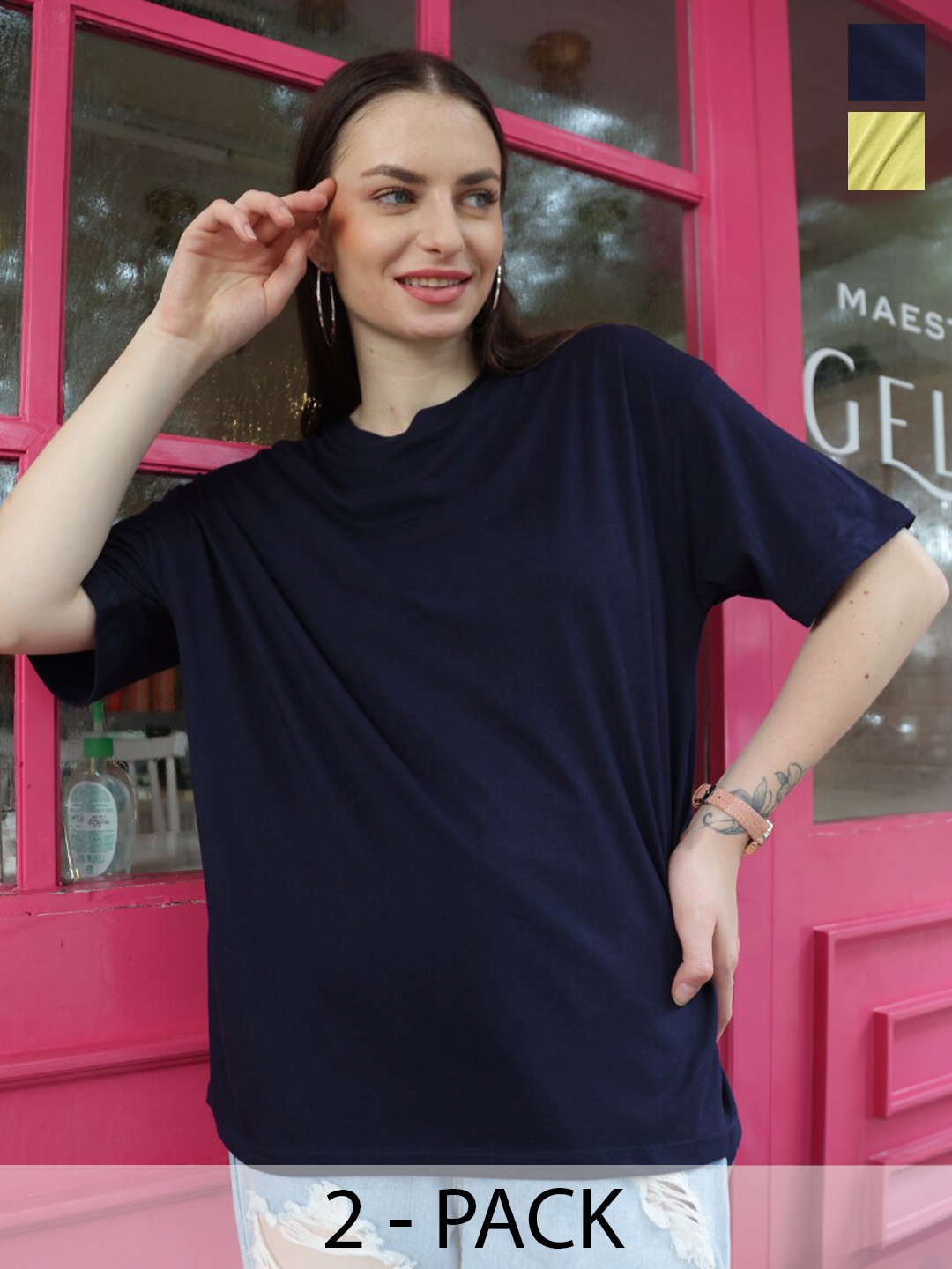 

TITTLI Pack Of 2 Drop-Shoulder Sleeves Pure Cotton Longline Oversized T-shirt, Fluorescent green
