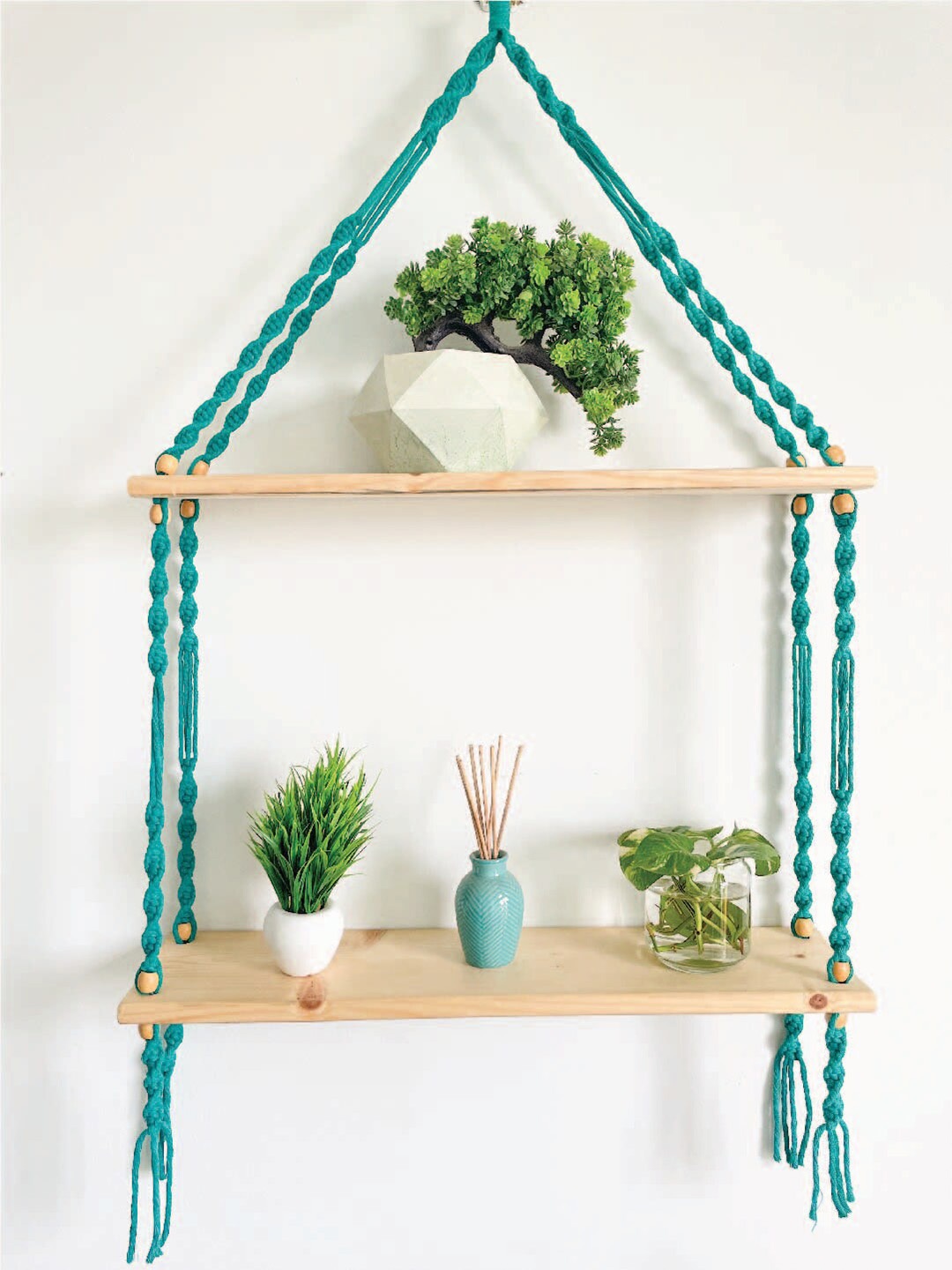 

Story of Knots Teal Blue & Beige Wooden Double Wall Hanging Shelves