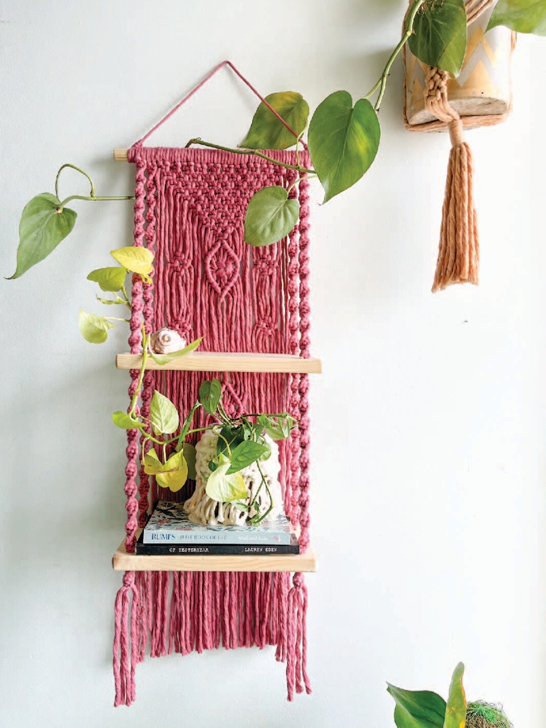 

Story of Knots Wood Hanging Wall Shelf, Pink