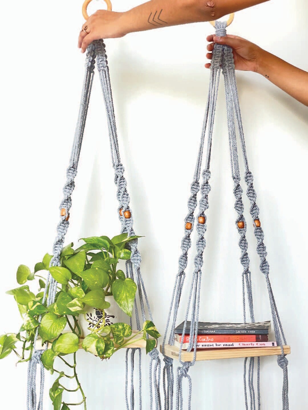 

Story of Knots Wood Hanging Wall Shelf, Grey