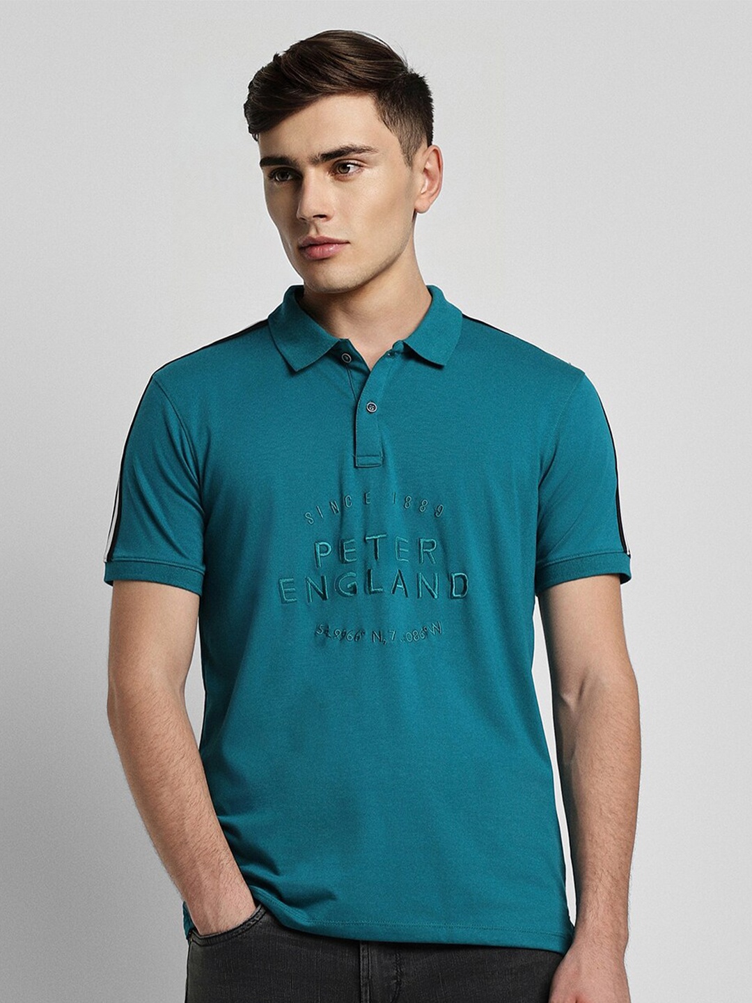 Peter England Casuals Typography Embroidered Polo Collar Slim Fit T-shirt, Teal