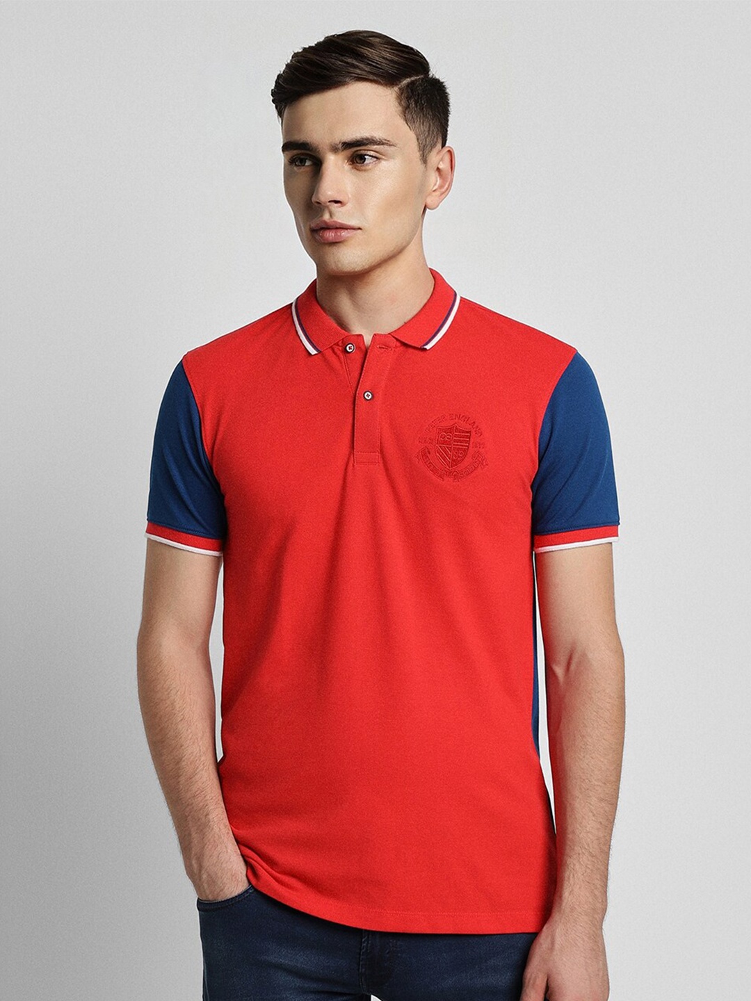 

Peter England Casuals Colourblocked Polo Collar Slim Fit T-shirt, Red