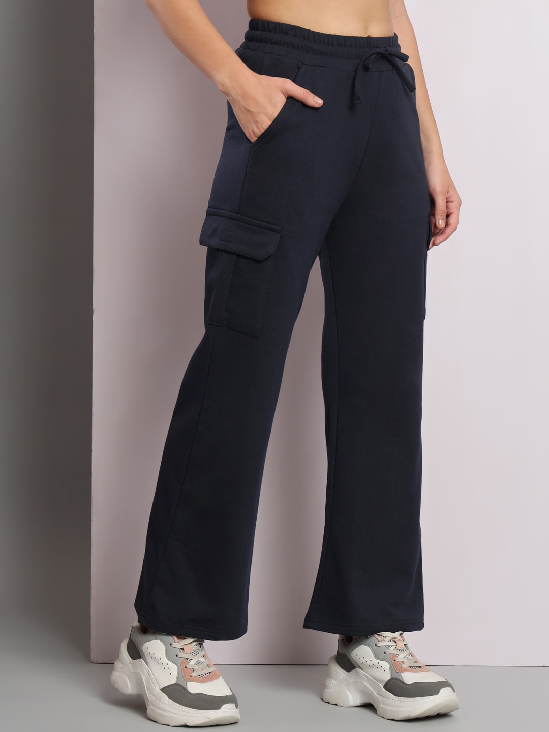 

Q-rious Women Side Pocket Flared Fit Cotton Lycra Track Pant, Navy blue