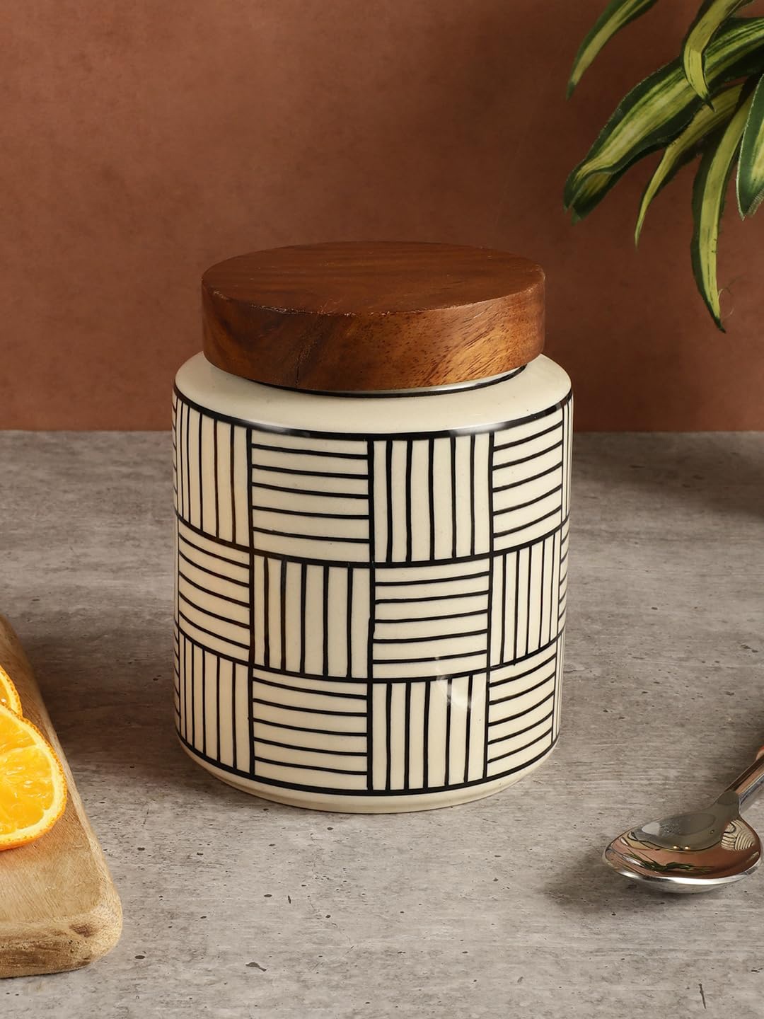

MIAH Decor Off White Handpainted Ceramic Air Tight Food Large Jar -780 ml