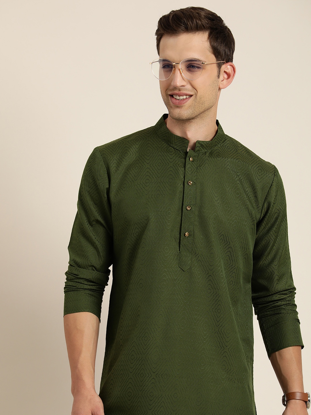 

HERE&NOW Men Woven Design Jacquard Kurta, Green