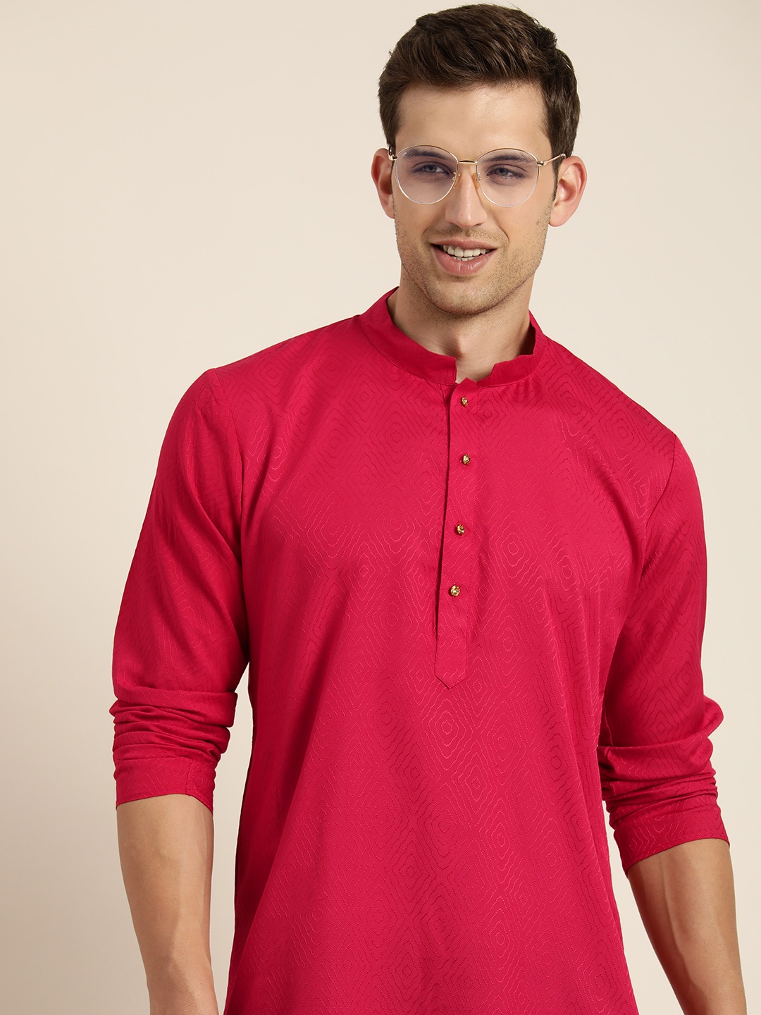 

HERE&NOW Men Woven Design Jacquard Kurta, Red