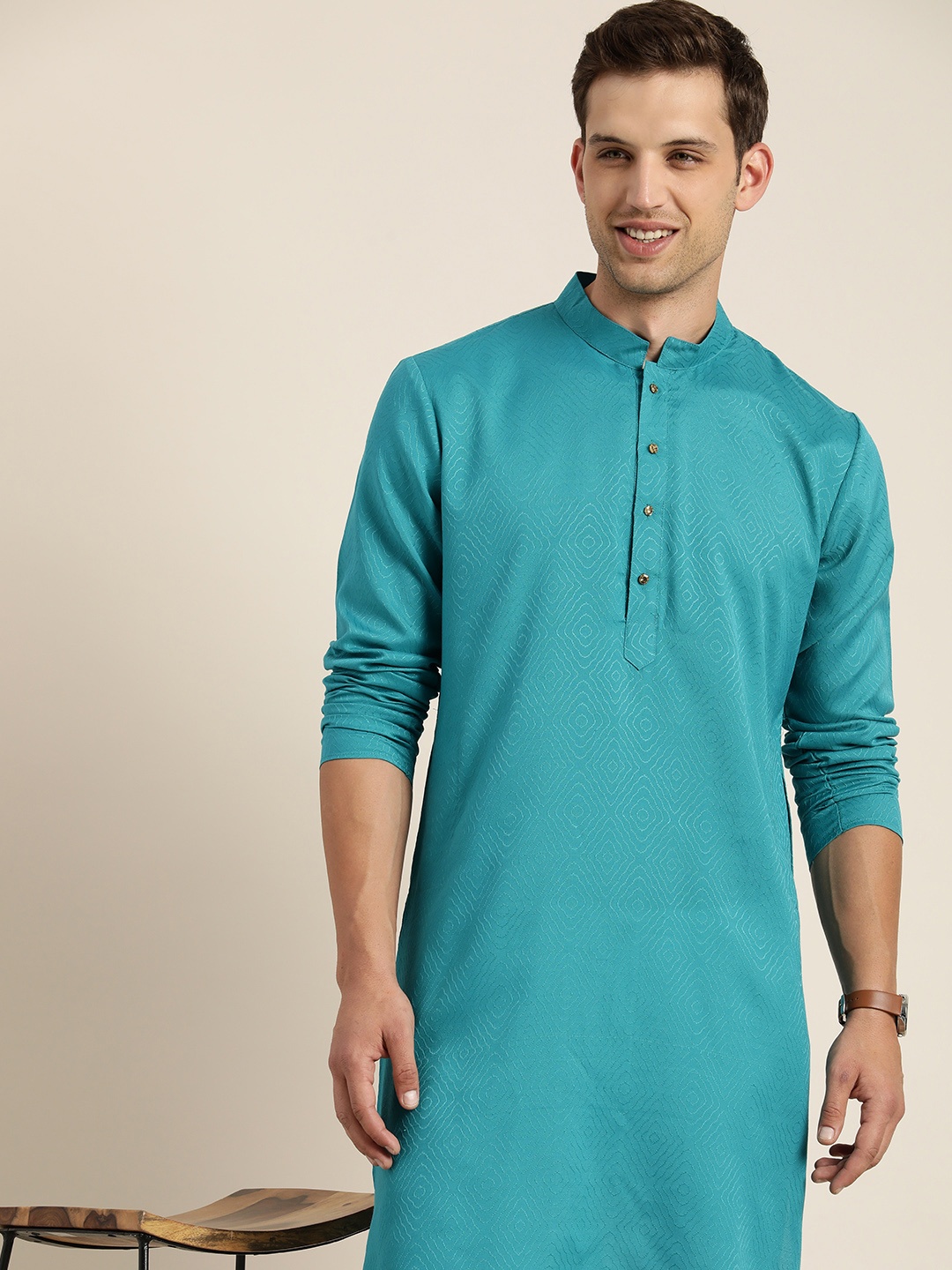 

HERE&NOW Men Woven Design Jacquard Kurta, Teal