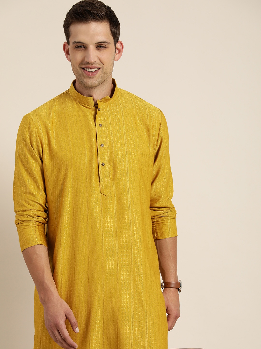 

HERE&NOW Men Woven Design Jacquard Kurta, Yellow