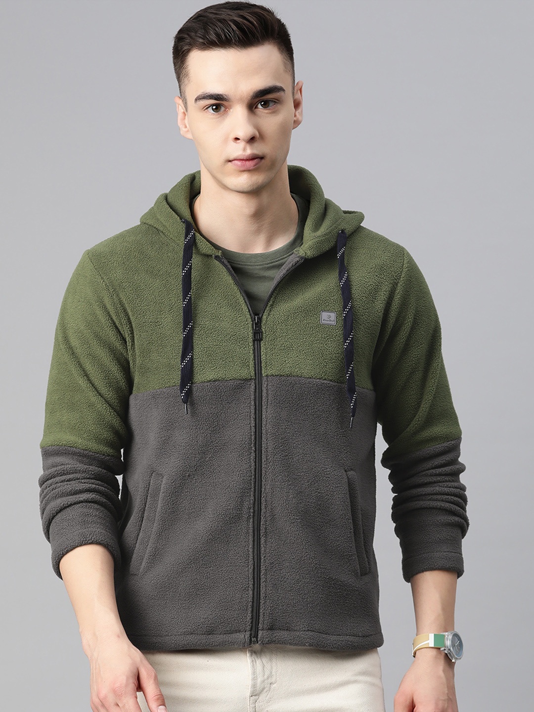 

Pierre Carlo Men Colourblocked Hooded Sweatshirt, Olive