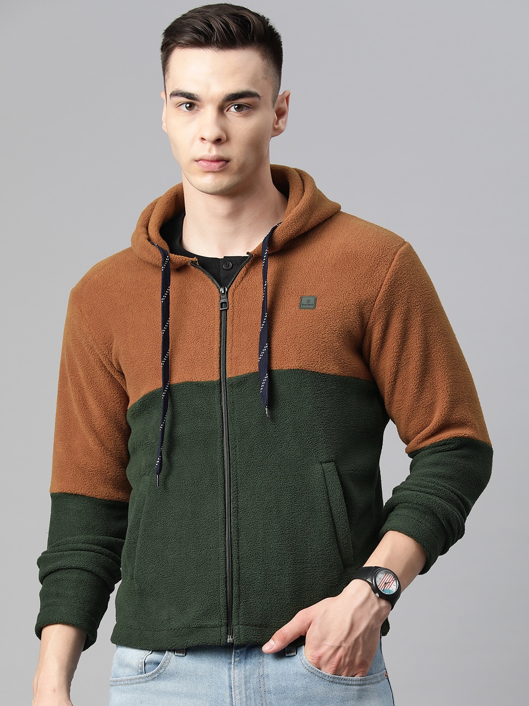 

Pierre Carlo Men Colourblocked Hooded Sweatshirt, Tan