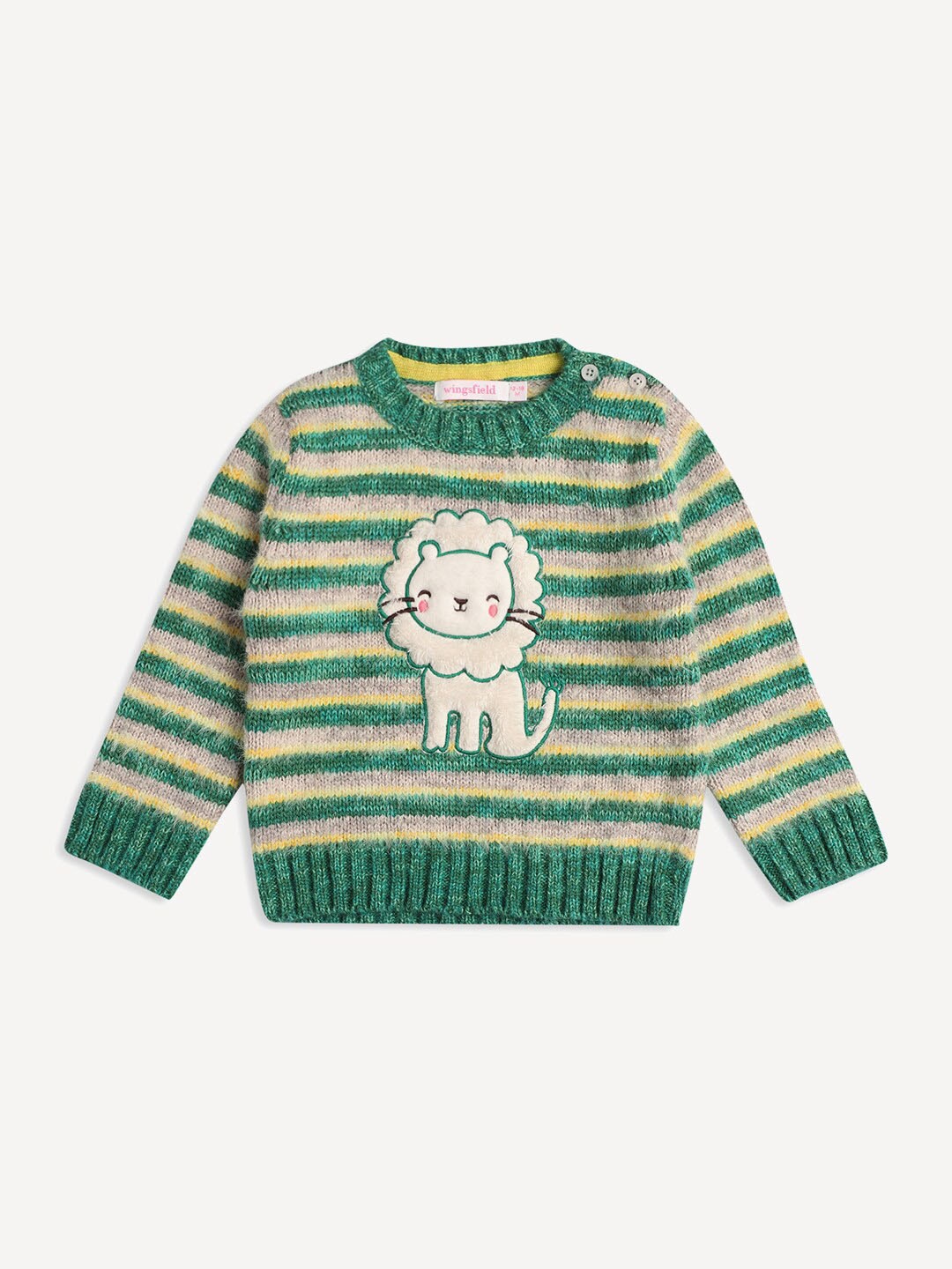 

Wingsfield Girls Striped Acrylic Pullover With Applique Detail, Green