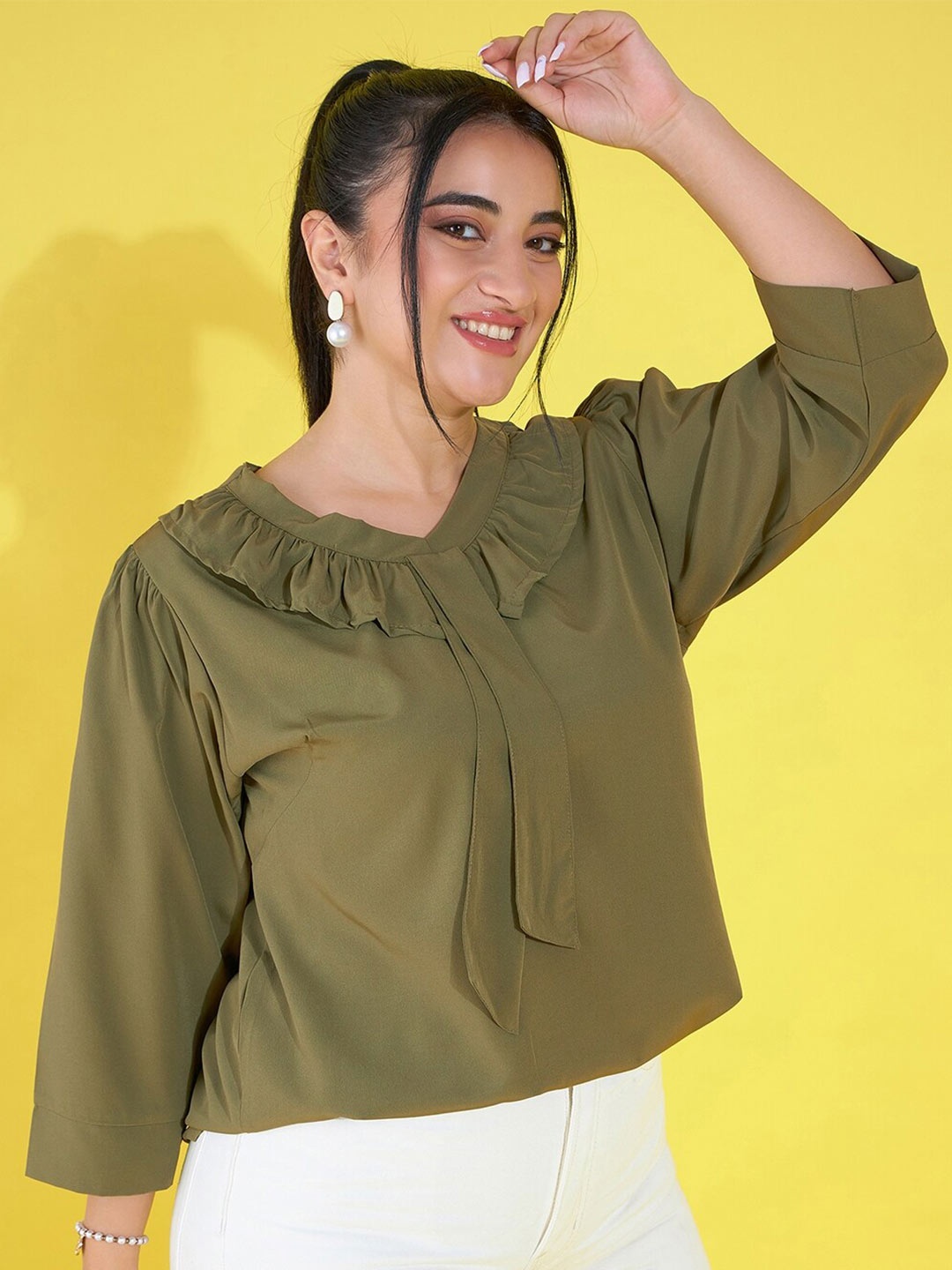 

AUSTIVO Ruffles Detailed V-Neck Regular Top, Green