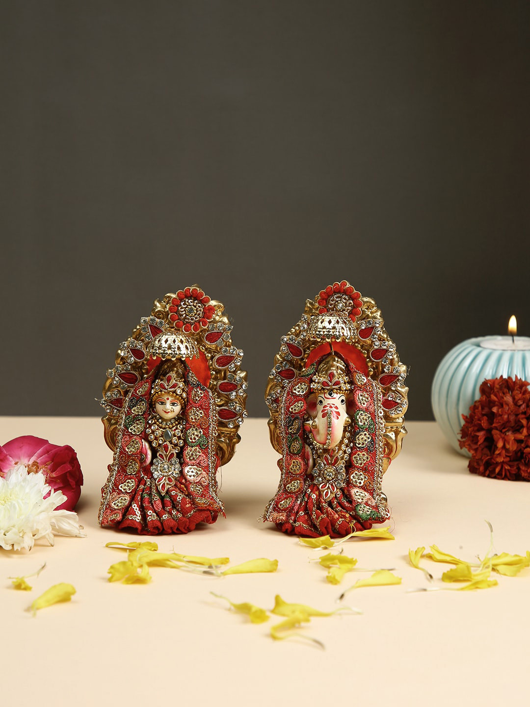 

Aapno Rajasthan 2 Pcs Red & Golden Hand Painted Laxmi Ganesh idol Showpieces