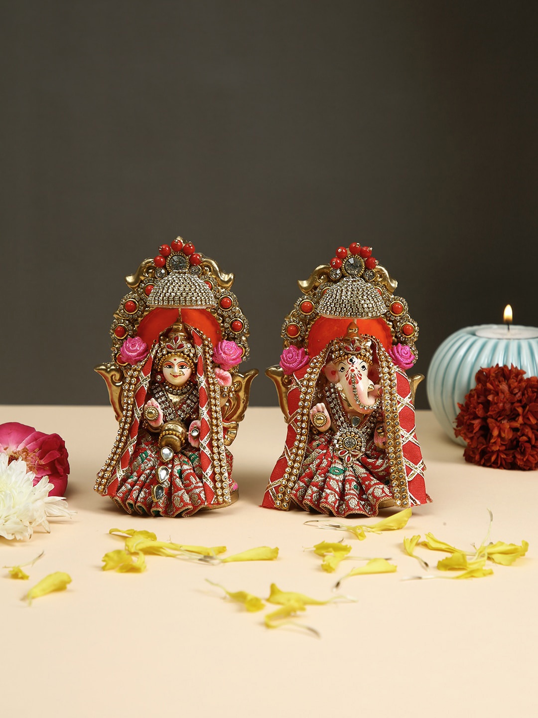 

Aapno Rajasthan Pink & Golden Laxmi Ganesh idol Terracotta Showpiece