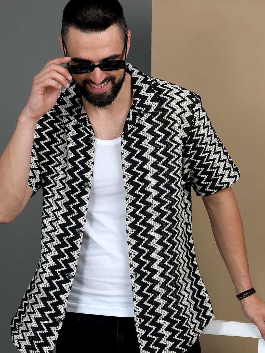 

HERE&NOW Black Self Design Cuban Collar Cotton Slim Fit Casual Shirt