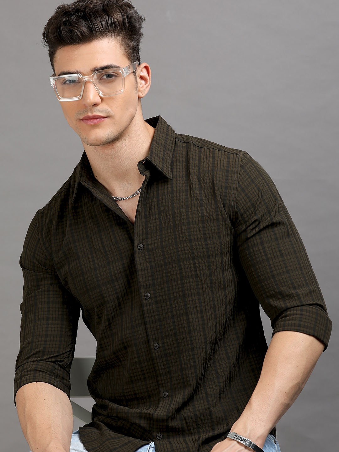 

HERE&NOW Slim Fit Tartan Checked Casual Shirt, Brown