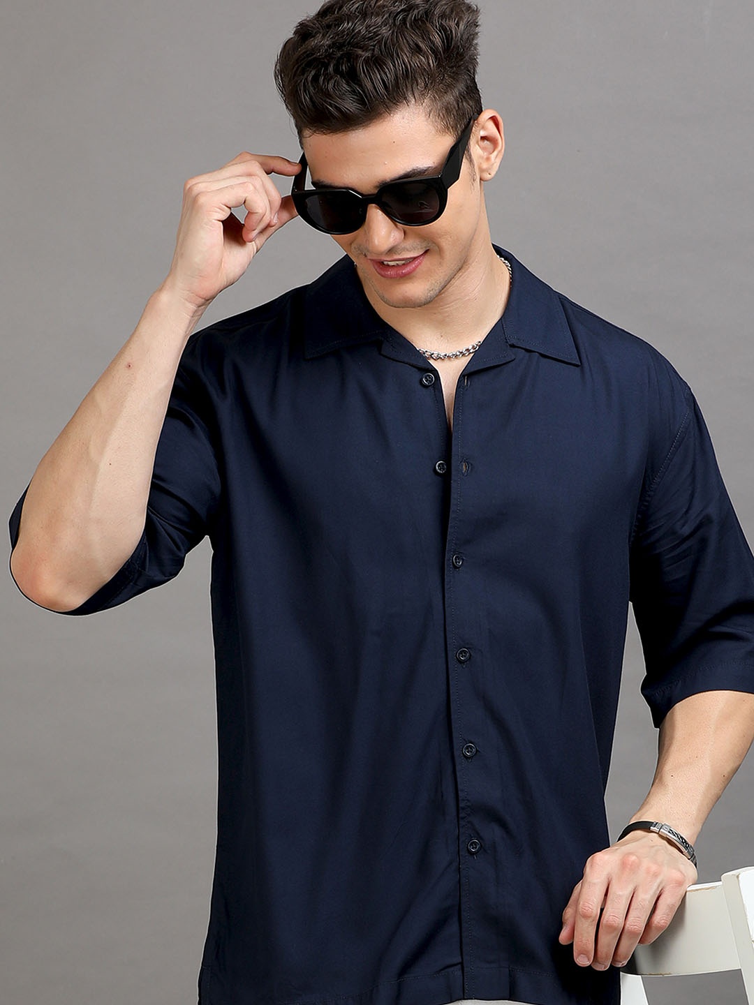 

HERE&NOW Spread Collar Oversized Casual Shirt, Navy blue