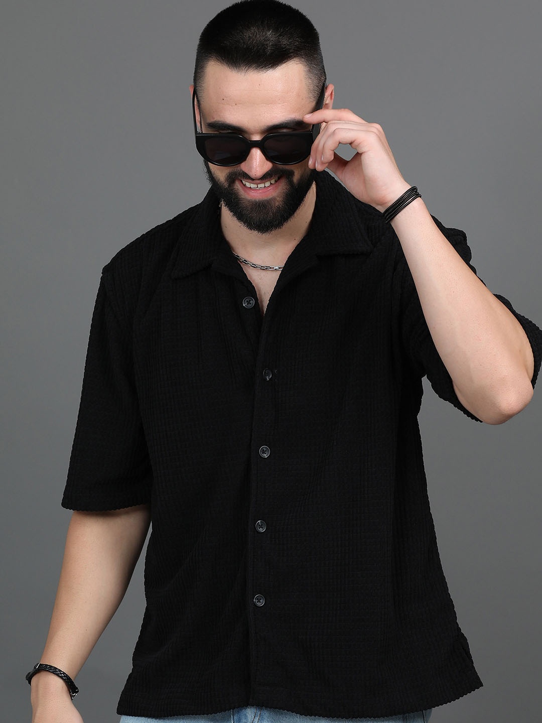 

HERE&NOW Oversized Self Design Opaque Corduroy Weave Casual Shirt, Black