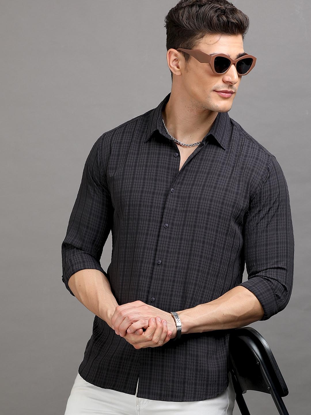 

HERE&NOW Grey Slim Fit Grid Tattersall Checks Opaque Checked Casual Shirt